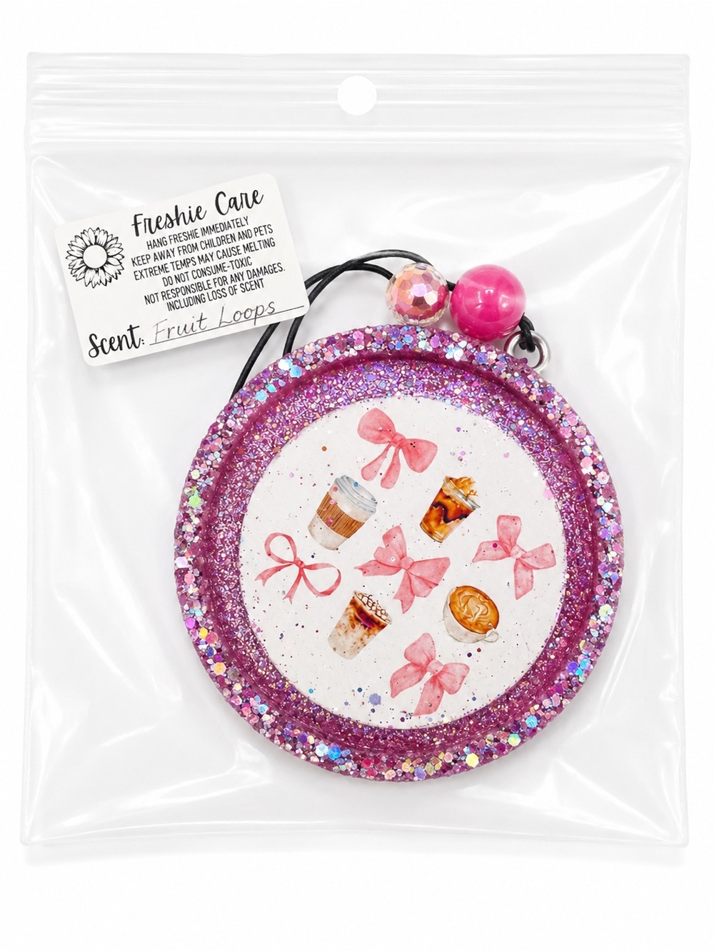 Pink Sugar Car Freshie – Coffee & Bows – Pink Glitter Handmade